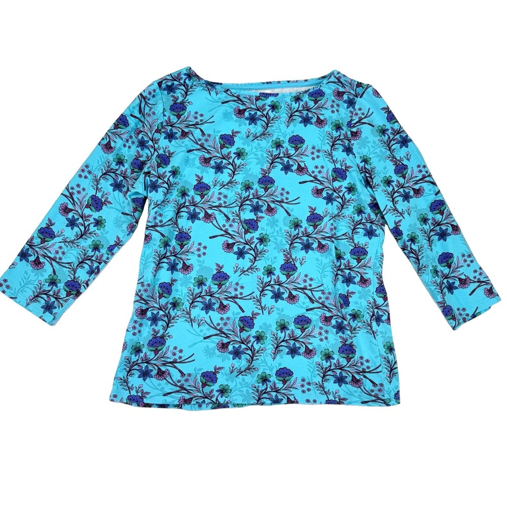 Talbots Petite LP Bateau Neck Tee Turquoise Blue Floral 3/4 Sleeve Stretch EUC